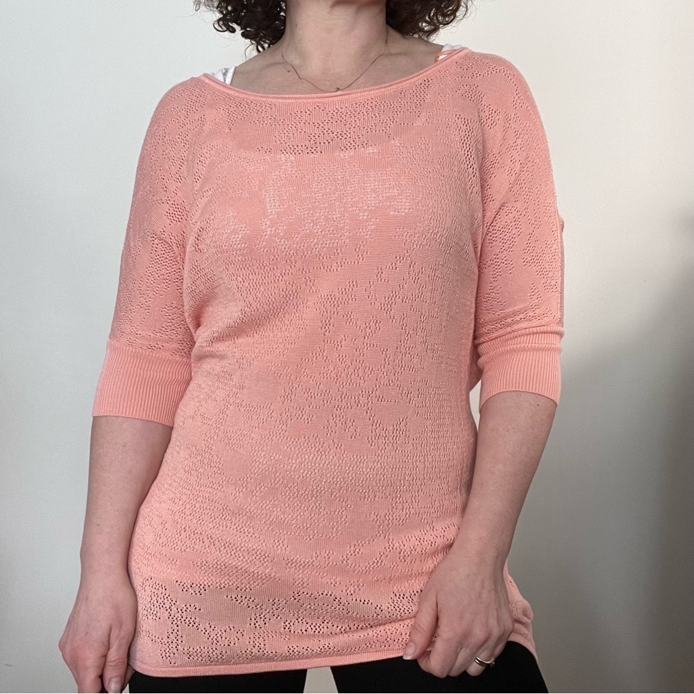 Kismet Open Knit Dolman Short Sleeve Sweater - Coral Size M